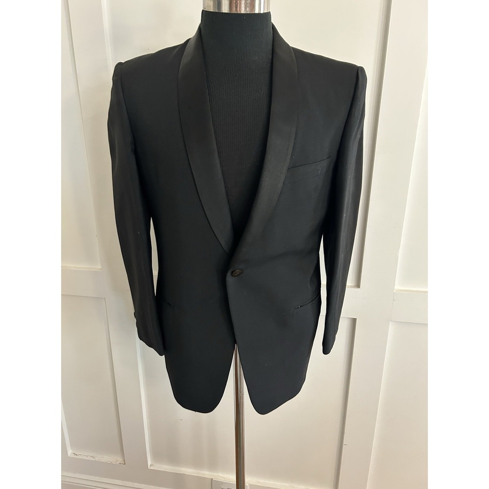 VTG 50s Dinner Jacket Mens Black Satin Shawl Lapel Tuxedo Coat USA Sakowitz 40